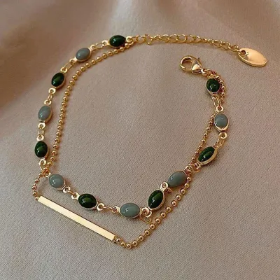 Golden Beaded Green Double Layer Charm Bracelet 